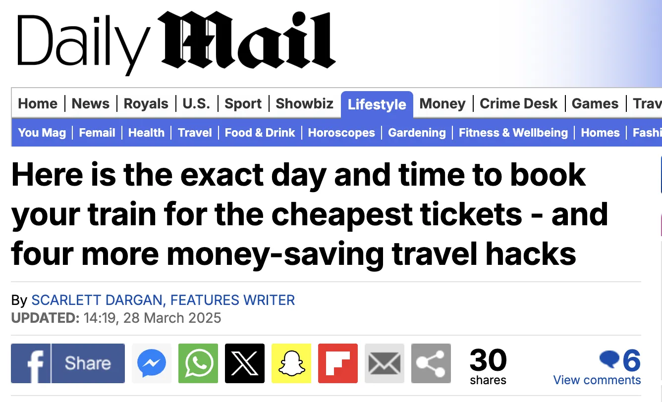 Daily Mail coverage: The exact day and time to book your train for the cheapest tickets