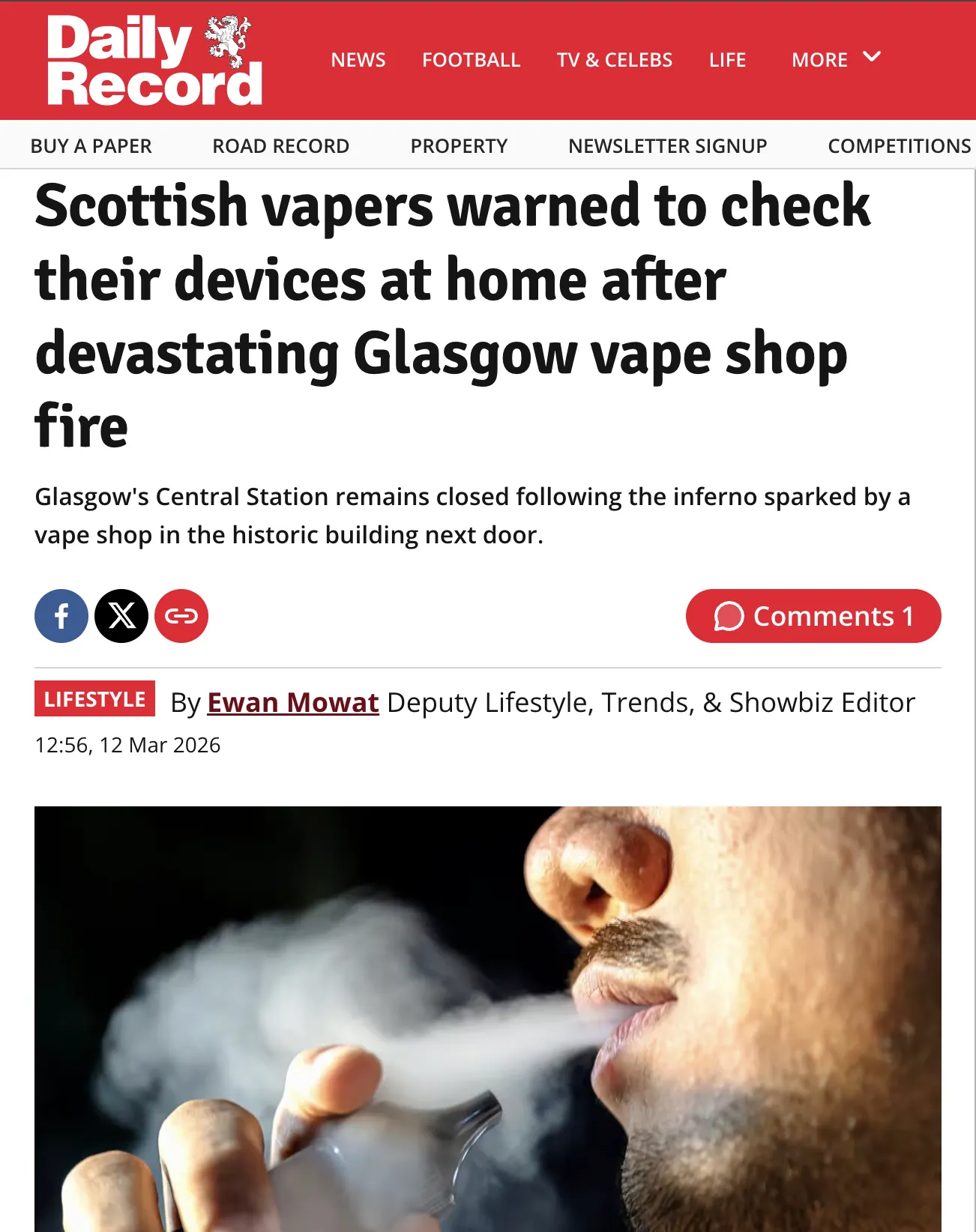 Daily Record coverage: Scottish vapers warned to check devices after Glasgow vape shop fire